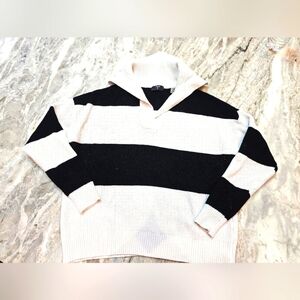 Tahari Black White Stripe Ribbed Knit Sweater Women’s Large Mock Neck